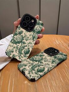 1个时尚简约绿色花卉竖条纹仿皮软壳手机保护套，适合作为生日、节日礼物送给朋友、家人、情侣，适用于 17/17 Air/17 Pro/17 Pro Max、16/16 Plus/16 Pro/16 Pro Max、15/15 Plus/15 Pro - 彩色 - 查看 2