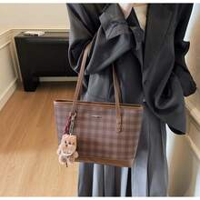 Bolso cruzado de mujer gran capacidad diseño de cuadros hombro bandolera bolso de mano para el trabajo y viajes moda - Café - Ver 4