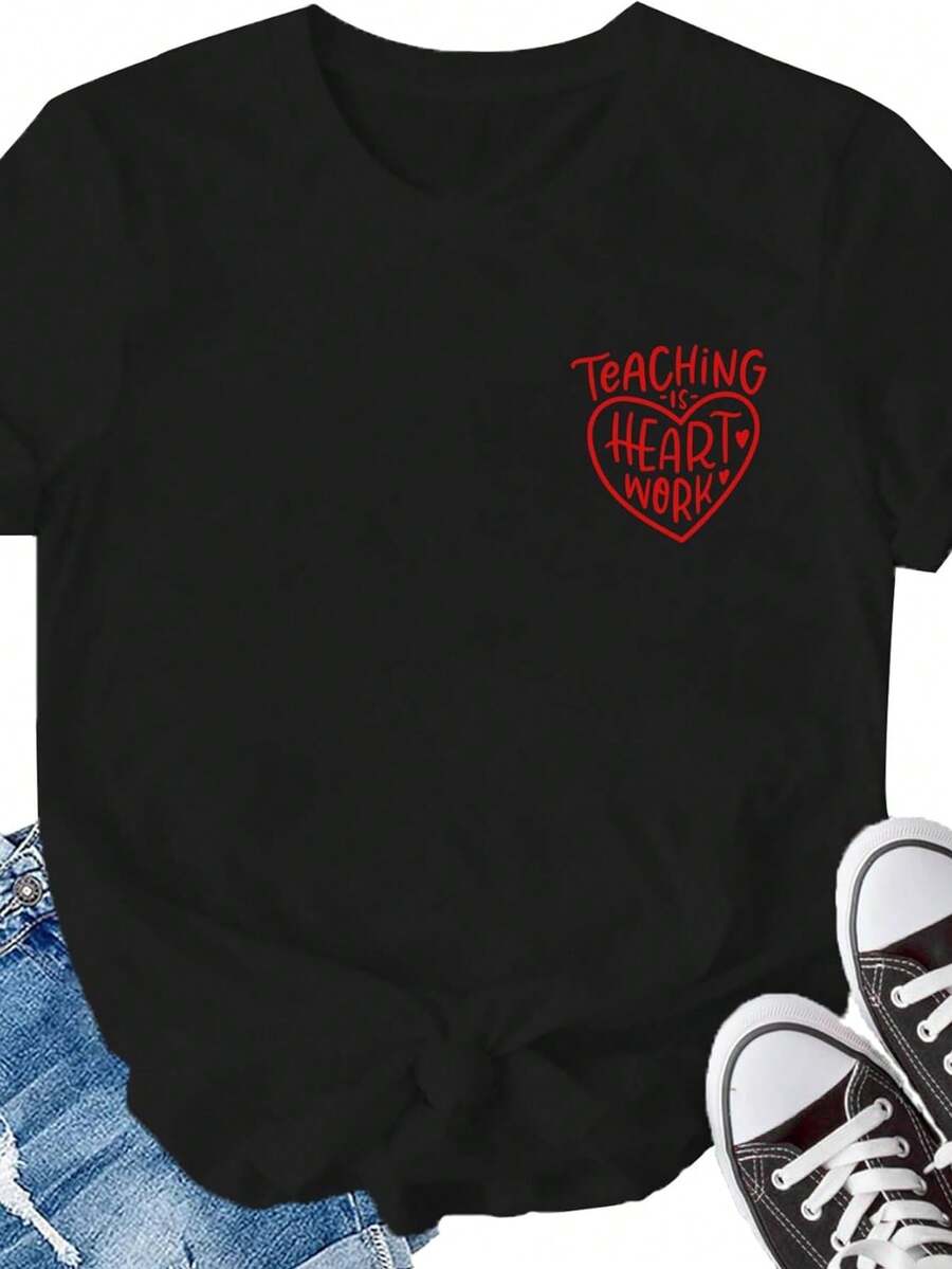 Plus Size-Funny Men's And Women's Round Neck T-Shirt LBP Valentine's Day Shirt For Women Valentines Day Teacher T-Shirt Teaching Is Heart Work Tee Tops - Black - View 1