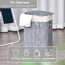 Laundry Basket With Lid, 72L Foldable Laundry Hamper, Washable Bamboo Laundry Bag With Handles, Grey, 40x30x60cm