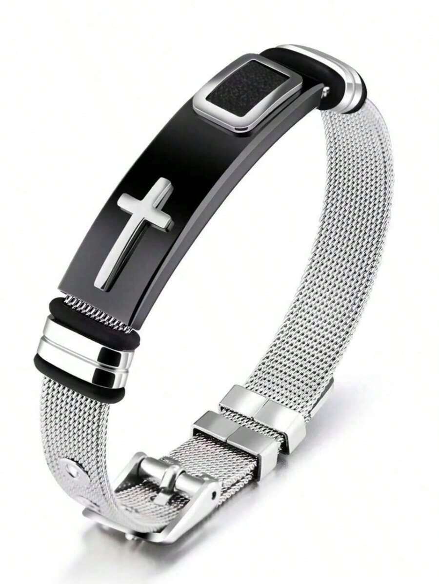 1pc Fashionable 18K Gold Plated Stainless Steel Cross Bracelet For Men, Adjustable, Gift Idea JODI - Yellow Gold - View 1