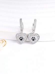 925 Sterling Silver Earrings, Cubic Zirconia Earrings, Animal Paw Earrings, Heart Pendant Earrings, Suitable For Daily Wear, Birthday Gift - Silver - View 3