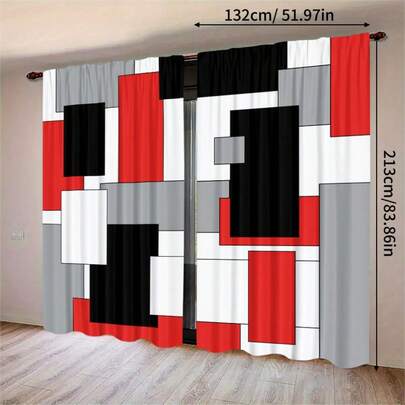 两片装红、白、黑、灰几何拼接图案高清数码印花薄纱窗帘，采用防褪色涤纶面料，可机洗，适用于卧室和客厅装饰。