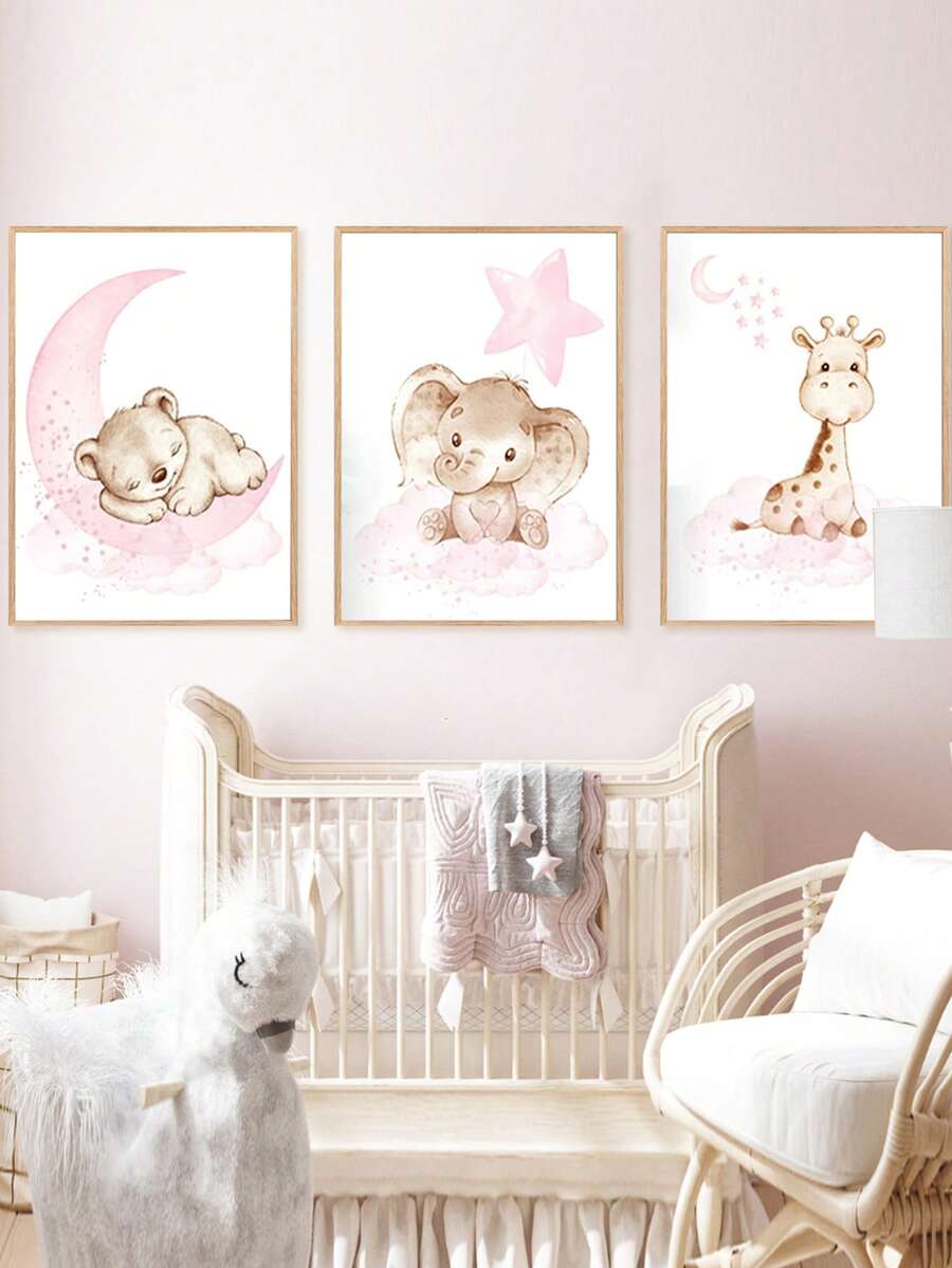 Tranh treo tường bằng vải canvas màu hồng chủ đề động vật rừng - Gấu bông, Voi, Hươu cao cổ, thích hợp trang trí phòng trẻ em, nhà trẻ, mẫu giáo, phòng bé trai, phòng ngủ bé gái, trang trí phòng trẻ em, trang trí ngày Valentine. - Nhiều màu - Xem 1