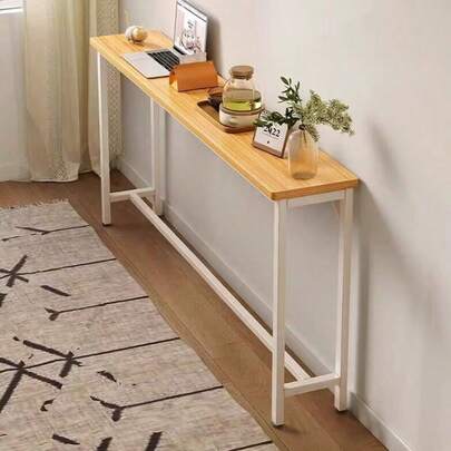 Minimalist Wooden Console Table - Slim Wall-Mounted Single/Double Tier Entryway Shelf With Carbon Steel Frame, Space-Saving Narrow Hallway Table, Bedroom/Living Room Table (80x20cm, MDF Wood + Black/White Metal)