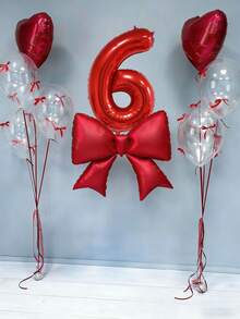 12pcs Birthday Decoration Set, Large Red Bow Foil Balloons, 40-Inch Red 0-9 Birthday Number Balloons, 18-Inch Red Heart Balloons, Clear Latex Balloons (With Balloon Ribbons), Suitable For Birthday Party, Anniversary Decoration - Multicolor - View 6