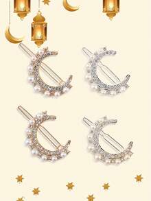 2pcs Girl's Rhinestone Moon Hair Clips, Faux Pearl Bangs Clips, Fashionable & Cute, Suitable For Daily Or Party Use - Multicolor - View 2