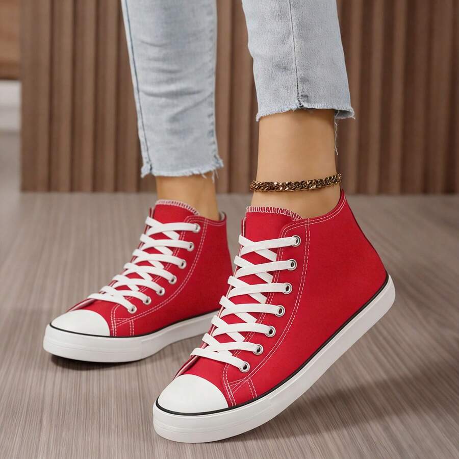 Haifago Women Hight Top Lace Up Casual Red Canvas Sneakers, Comfortable Lightweight Canvas Shoes For Women,High-Top Canvas Shoes Outdoor Fashion Women Shoes,Red Shoes - 紅色 - 查看 1
