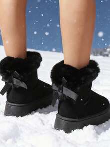 Women's Fleece-Lined Short Snow Boots, Beige - Warm, Soft-Soled, Comfortable & Non-Slip Winter Snow Boots, Plush Boots Valentine's Day - 黑色加厚款 - 查看 5