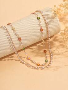 2件套夏季优雅仿珍珠甜美可爱合金滴釉雏菊手工链项链，时尚百搭，适合女性日常佩戴、装饰、海滩、约会、派对等场合。手工链长度可定制，仿珍珠数量不固定，雏菊颜色排列随机。 - 彩色 - 查看 3