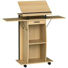 Rolling Lectern With Folding Side Panels, Laptop Table With Drawer And Shelves, Oak Finish