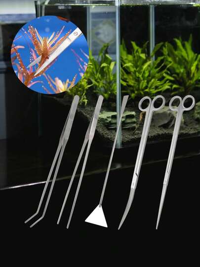 5pcs Stainless Steel Aquarium Tool Set - Long & Durable Aquarium Tweezers, Scissors, Algae Scraper, Feeding Tongs, Suitable For Aquarium Plant Cleaning & Trimming, Reusable