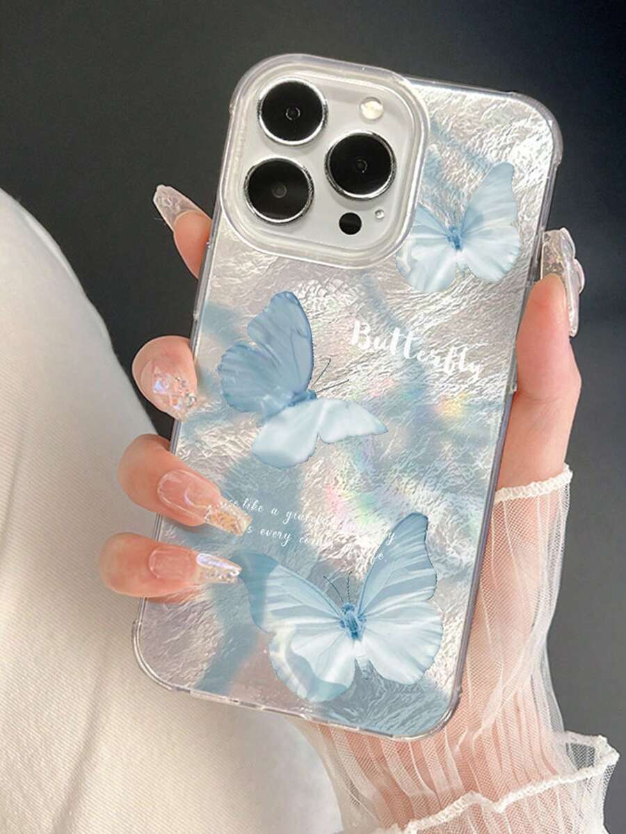1pc Ice Blue Butterfly Anti-Drop Full Coverage Phone Case Protective Cover For IPhone 11/12/13/14/15/16/17/Pro Max