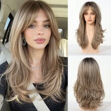 22 Inch Long Dark Ombre Brown Wavy Wigs For Women Synthetic Wigs With Bangs Long Natural Hair Wig With Bangs Use Daily Party Cosplay Heat Resistant Fiber - Brown - View 12