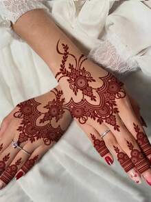 4pcs Brown, Red, Burgundy Floral Design Sexy Toe & Hand Henna Temporary Tattoo Stickers, Waterproof Flower Tattoo Stickers For Women, Body Art Stickers For Wedding, Party - Red - View 5