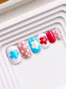 NAIO 24Pcs Press On Nails For Kids, 1 Pack Kid Fake Nail With Flowers, Polka Dot Shaped Elements Pre-Glue Short Nail Stick On Nails, Great For Children Little Girl Birthday Gifts, Parties & Makeovers Decoration - Multicolor - View 5