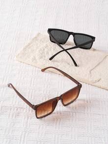 两副黑色和棕色简约方形眼镜，Y2K风格，男女通用，适合夏季海滩穿着 - 彩色 - 查看 3