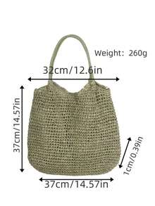 时尚草编手提包，大容量沙滩包，时尚女士手提包，夏季单肩包 - 卡其色 - 查看 8