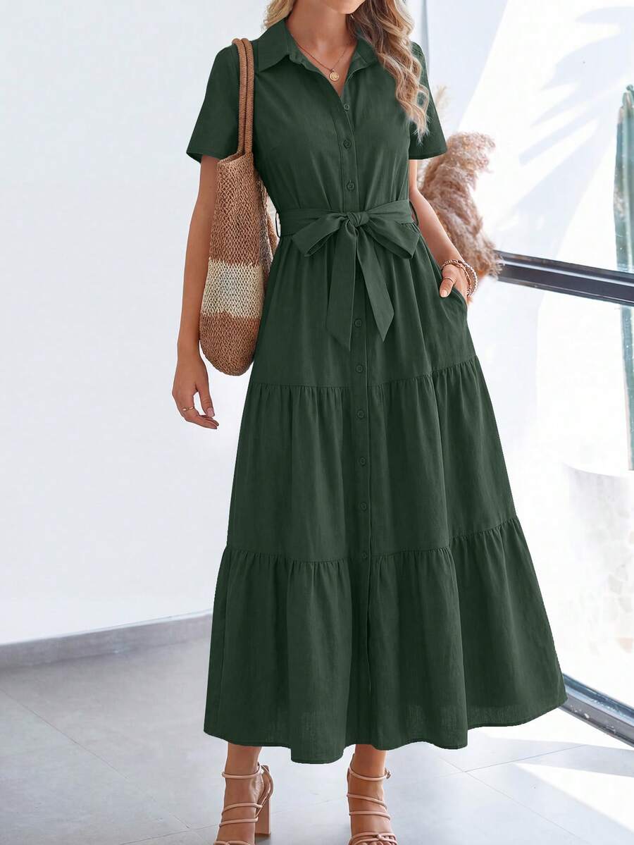 Women's Summer Dresses Short Sleeve Fluttering Multi Layers Beach Sundresses Buckle Wedding Shirt Dresses - 墨綠色 - 查看 1