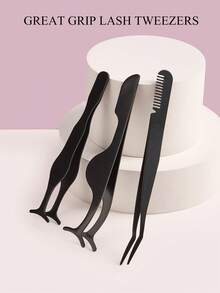 3pcs/set Black Seahorse + Pumpkin + Comb Tweezers For False Eyelashes Extension, Makeup Essential Tool - Black - View 5
