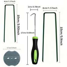 一套（25个地钉+25个垫圈+1个挂钩）绿色草坪立柱，U型花园立柱带垫圈，6英寸镀锌重型钢地板立柱，用于固定草坪的景观帐篷立柱，用于修复复杂草坪障碍物的除草布和织物，耐用金属庭院地钉 - 黑色墊片 - 查看 4