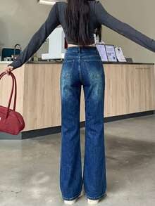 修身复古喇叭弹力牛仔裤，女式及地长裤 - 深藍色 - 查看 5