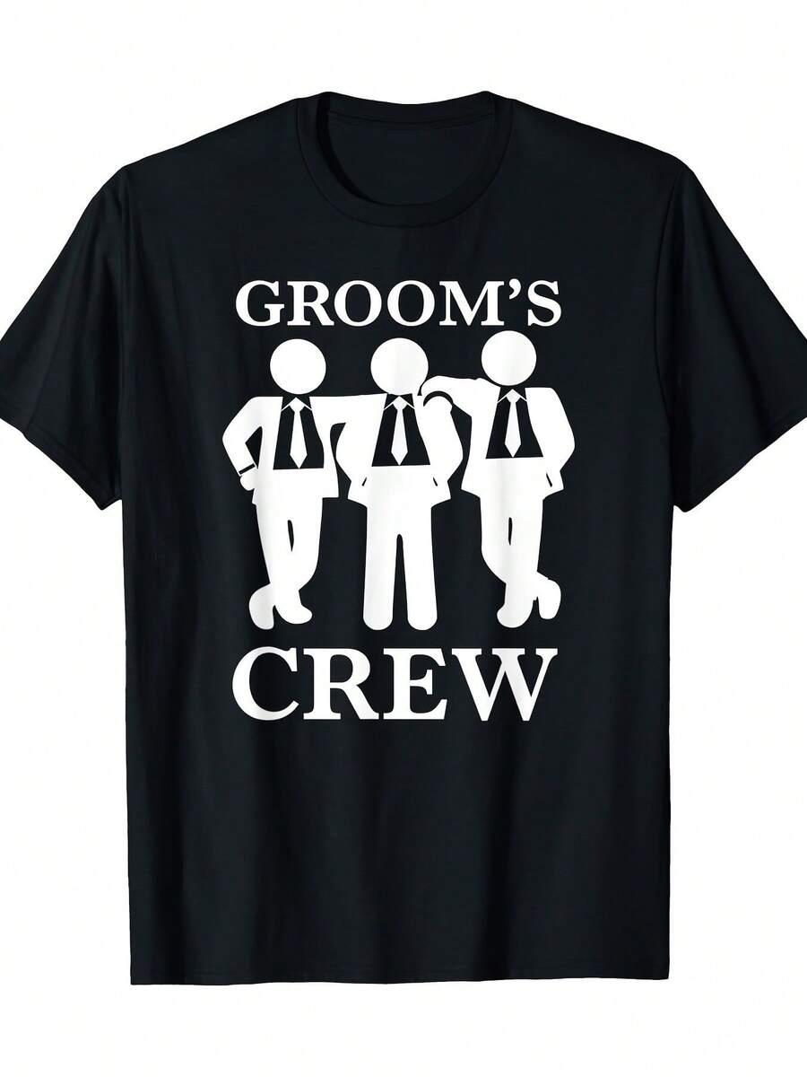 Men'S "Groom'S Crew" T-Shirt - Black With White Silhouette Print And Bold Text, Heavyweight Round Neck, Machine Washable, All-Season Comfort Fit For Weddings, Bachelor Parties, Gym & Casual Wear - Bride & Groom Gift, Wedding Guest Attire, Playful Design, Durable Fabric - 黑色 - 查看 1