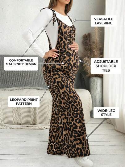 Sleeveless Leopard Print Maternity Jumpsuit, With Spaghetti Straps And Bow Details, Long Length Polyester, Medium Stretch, Comfortable To Wear