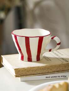 1pc Retro Striped Ceramic Mug, Breakfast Milk Oatmeal Cup, Home Water Cup, Office Coffee Cup, Afternoon Tea Latte Art Cup, Juice Beverage Cup, Couple Water Cup, Holiday Gift Cup, Gift For Family And Friends - Multicolor - View 10