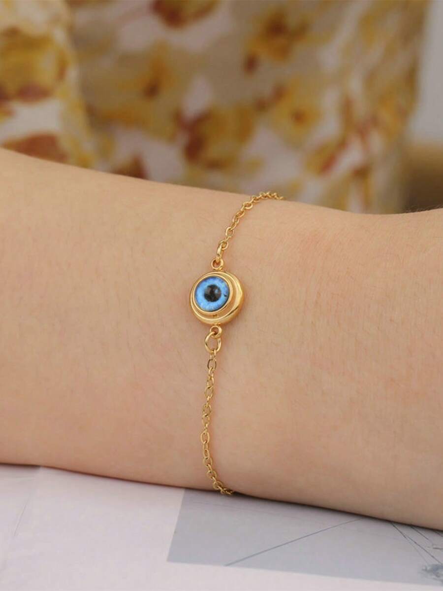 1件装不锈钢防水不褪色时尚简约蓝色邪眼吊坠手链，适合女性日常佩戴
