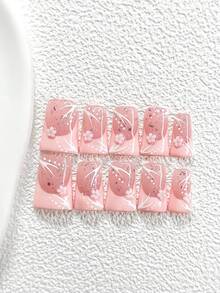 10pcs Set Minimalist Pink Series Nail Stickers, Handmade Nail Art Kit, French Manicure, Small Pink 5-Petal Flower Nail Decor, Hand-Painted Pattern Embellishment, Shiny Glitter Gel Nails, 3 Sizes Available: Almond, Duck Mouth, Coffin Shape, Includes Tool Kit, Suitable For Women And Girls, Applicable For Parties, Events, Daily Nails Nail Supplies - 彩色 - 查看 16