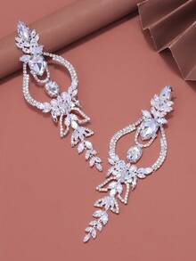 2pcs Geometric Earrings With Rhinestone Decor, Vintage Bridal Accessories - Silver - View 5