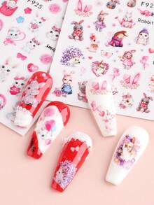 2片装3D卡通复活节兔子美甲贴纸，可爱复活节兔子和花朵自粘美甲贴纸，春季复活节童话美甲设计装饰 - 彩色 - 查看 6