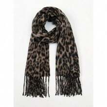 1pc Solid Color Scarf, Winter Warm Neck, Thickened Wool Knitted Thick Fringed Shawl, Can Be Worn For Dress - Leopard Print - View 3
