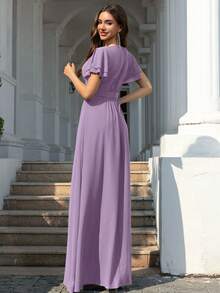 Volly Toych Elegant Modest Chiffon Maxi Bridesmaid Dress With Scoop Neck And Flounce Short Sleeves Draped Ruffle Classy Vacation Style - Dusty Purple - View 2