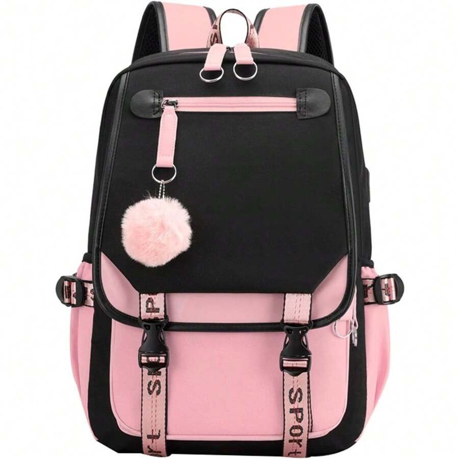 Teenage Girls' Backpack Middle School Students Bookbag Outdoor Daypack With USB Charge Port (21 Liters, Black Pink) - Hồng - Xem 1