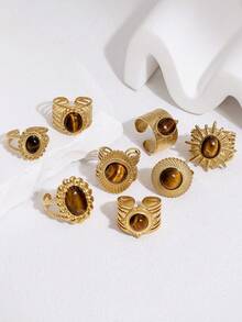 1pc Fashionable European & American Style Vintage High-End Personality Design Plated Stainless Steel Tiger Eye Natural Stone Geometric Open Ring, Suitable For Women's Daily, Party, And Date Wear - Multicolor - View 1