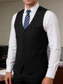 男士修身黑色前扣背带马甲，正式商务婚礼场合适用 - 黑色 - 查看 2