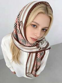 1条棕色印花马图案围巾，精致透气的女士长围巾，适合作为礼物送给女孩，也适合派对搭配。 - 棕色 - 查看 4