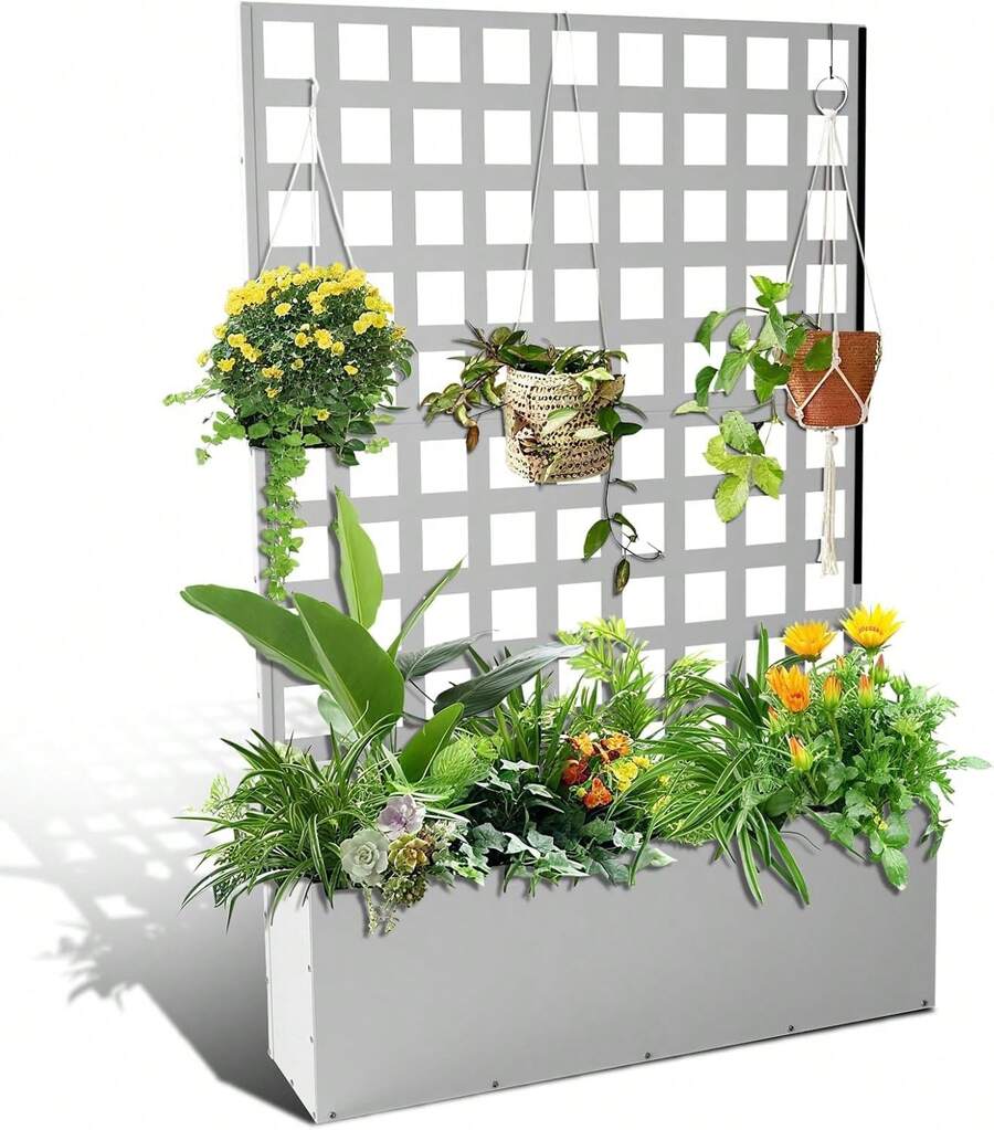 Caja de Plantación Metálica de Exterior Cama de Jardín Elevada con Rejilla Orificio de Drenaje para Plantas Trepadoras Flores Vegetales 73"x47"x12" - Blanco - Raya horizontal - Con ruedas - Ver 1