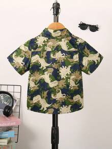 Boys' Summer Floral Print Single-Breasted Casual Shirt, School Style - Olive Green - View 2