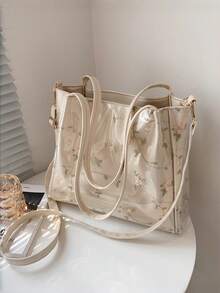 1pc Women's Large Capacity One Shoulder Tote Bag, Fresh & Fashionable Solid Color PU Printed Design, Versatile City Daily Commute Chic High-Quality Handbag - White - View 2