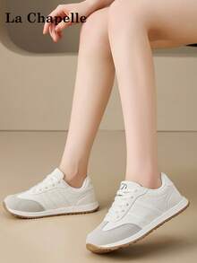 1 Pair La Chapelle Women's Thick Sole Lace-Up Soft Bottom Casual Shoes, Low-Top Outdoor Flat Shoes For Summer, Round Toe Low Heel Non-Slip Solid Color Elegant Soft Bottom Hiking Suitable For Students Graduation Photos Flat Shoes, Women Low-Top Leather Sneakers - White - View 7