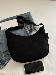 Fashionable Solid Color Nylon Waterproof Shoulder Bag, Casual Minimalist College Style, Wide Strap, Multiple Zipper Design, Suitable For Students, Commuting, Shopping, Daily Use - Black - View 6