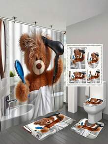 4件套时尚毛绒熊浴帘套装,包含防滑地毯、马桶垫、浴室垫、不透明浴帘和12个耐用挂钩,高品质浴室装饰配件,适合所有家具风格。 - 彩色 - 查看 23