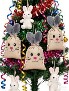 1/3/6pcs Large 26*20cm Easter Burlap Drawstring Gift Bags With Fluffy Rabbit Ears And Beads, Easter Burlap Candy Bags - Multicolor - View 7