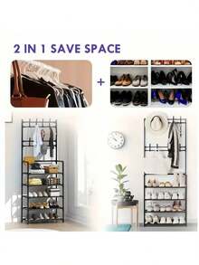 A Spacious And Multifunctional Storage Rack, Available In 4/5 Tiers For Shoes And Coat Racks, With 8 Hooks And Shelves. This 80cm Wide, Space-Saving, Easy-To-Assemble Shoe Cabinet Is Perfect For Storing Shoes And Hats And Can Also Be Used As A Multifunctional Coat Rack And Shoe Rack. - Black - View 6