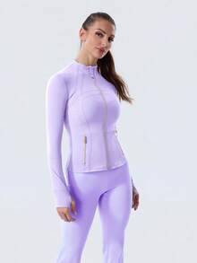Women's Long Sleeve BBL Jacket With Pockets And Thumb Holes, Running Workout  Activewear Top - Tím nhạt Ether/Vàng - Xem 4