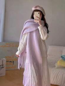 1pc Elegant Solid Color Tassel Wool Scarf For Women, Casual Windproof Shawl Suitable For Daily Wear, Autumn/Winter - Red - View 4