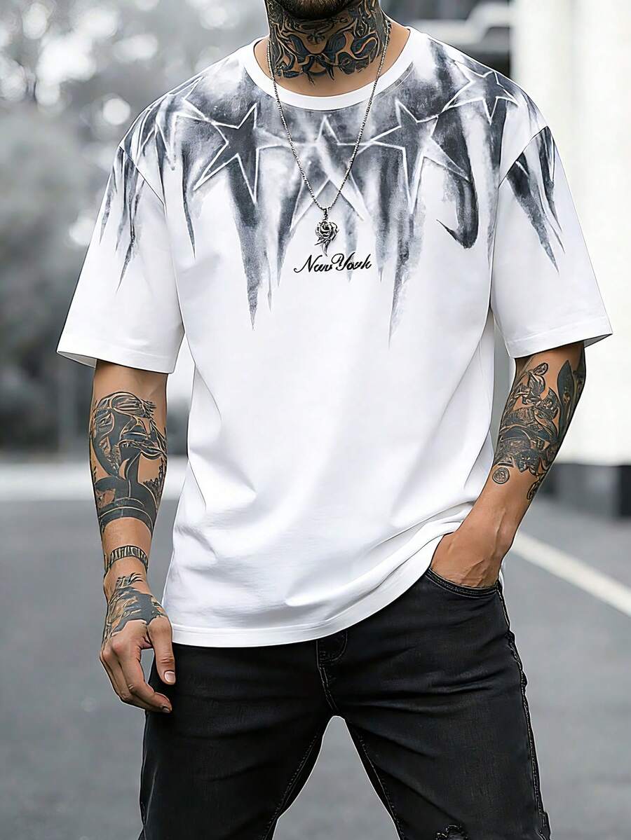 夏季新款男士短袖T恤，帅气百搭半袖，青年圆领休闲宽松日常运动上衣 - 白色 - 查看 1